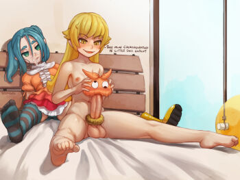 1futa 1girl aqua_hair artist_name barefoot blonde_hair blush breasts closed_mouth collarbone commentary commission completely_nude cum cum_on_body donut dress english_commentary english_text erection facial feet food food_on_body food_on_penis futanari futanari_masturbation green_eyes hair_between_eyes hat indoors large_penis layered_dress loli long_hair masturbation monogatari_(series) navel nipples no_shoes nude ononoki_yotsugi open_mouth orange_dress orange_headwear oshino_shinobu panties penis puffy_short_sleeves puffy_sleeves seraziel short_sleeves sitting small_breasts smile striped_clothes striped_legwear striped_thighhighs testicles thighhighs uncensored underwear yellow_eyes