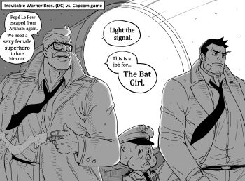 3boys absurdres ace_attorney bandaged_head bandages batman_(series) bb_(baalbuddy) capcom cigar coat dc_comics dick_gumshoe english_text facial_hair floodlights glasses greyscale hat highres holding holding_cigar james_gordon looney_tunes monochrome multiple_boys mustache necktie open_clothes open_coat peaked_cap personification police police_uniform porky_pig speech_bubble