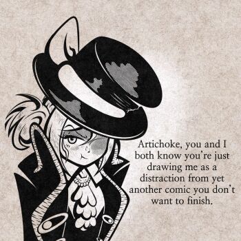 1girl artichoke2_(dickpeacock11) ascot film_grain fourth_wall hat highres jacket long_hair monochrome pout reverse:1999 solo top_hat vertin_(reverse:1999)