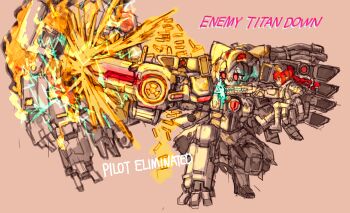 Rule 34 | 1girl, absurdres, alternate costume, animal ears, battle, boots, braid, cat ears, commentary, extra ears, firing, gloves, gun, highres, holding, holding gun, holding weapon, kaenbyou rin, korean commentary, mechanization, pointy ears, radiation symbol, rampa93, red eyes, red hair, reiuji utsuho, robot, shell casing, sitting, sitting on hand, titanfall (series), touhou, twin braids, weapon