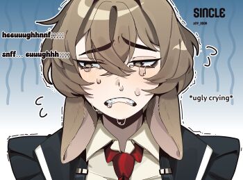 1boy ai-generated_art_(topic) animal_ears black_coat blonde_hair coat collared_shirt commentary crying english_commentary english_text gradient_background highres limbus_company necktie ny_000a parody project_moon rabbit_ears red_necktie shirt short_hair sinclair_(project_moon) solo suspenders tears twitter_username white_shirt yellow_eyes