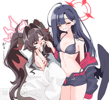 2girls :3 absurdly_long_hair anger_vein angry antenna_hair bare_shoulders belt bikini black_bikini black_hair black_jacket black_shorts black_wings blue_archive blush breasts brown_hair closed_eyes collarbone crying demon_girl demon_horns demon_tail fang feathered_wings flat_chest grin halo hand_up highres horns ichika_(blue_archive) ichika_(swimsuit)_(blue_archive) jacket kasumi_(blue_archive) kasumi_(swimsuit)_(blue_archive) lab_coat loli long_hair long_sleeves multiple_girls navel off_shoulder open_clothes open_mouth open_shorts pinching pinching_cheek red_belt red_halo sasami_(cho_ge_n_ki) scolding shorts simple_background skin_fang small_breasts smile standing stomach striped_bikini striped_clothes swimsuit tail tears thighs trembling twintails twitter very_long_hair white_background wings