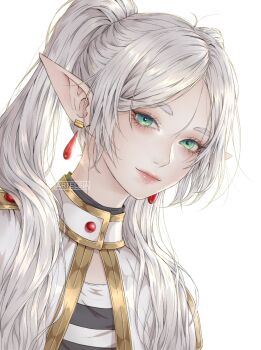 1girl aqua_eyes artelsia capelet closed_mouth commentary earrings elf english_commentary frieren hair_over_shoulder highres jewelry lips long_hair looking_at_viewer parted_bangs pointy_ears shirt signature simple_background solo sousou_no_frieren striped_clothes striped_shirt teardrop_earrings twintails upper_body white_background white_capelet