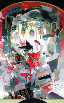 Rule 34 | 1boy, absurdres, animal, animal ear fluff, animal ears, bird, birdcage, black hair, branch, cage, cherry blossoms, commission, crossed bangs, earrings, eteru, flower, fox, fox boy, fox ears, grin, hair between eyes, happy birthday, highres, holding, holding mask, horns, jewelry, lantern, long sleeves, mask, mihuashi commission, original, pants, pink flower, scar, scar on face, short hair, sitting, smile, solo, teeth, watermark, white flower, white pants