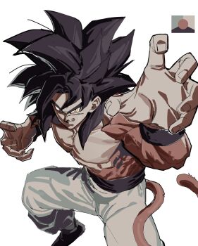 Rule 34 | 1boy, black hair, black shoes, claw pose, closed mouth, commentary request, dragon ball, dragon ball gt, fighting stance, foot out of frame, highres, limited palette, looking at viewer, male focus, manatsu no yo no inmu, meme, monkey tail, muscular, muscular male, pants, shoes, simple background, smile, solo, son goku, spiked hair, super saiyan, super saiyan 4, tail, tirano tenchou, v-shaped eyebrows, white background, white pants, yellow eyes, yjsnpi interview (meme)