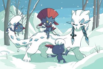 3others blue_eyes blue_sclera bright_pupils chien-pao claws colored_sclera fangs forehead_jewel full_body gem gen_2_pokemon gen_4_pokemon highres mountain multiple_others nintendo onigiri_debu open_mouth outdoors pokemon pokemon_(creature) pokemon_focus red_eyes smile sneasel snow snow_leopard snowing tail tree tusks weavile white_fur white_pupils yellow_gem