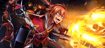 1boy ahuramazda ashley_ashura code_geass code_geass:_boukoku_no_akito code_geass:_lost_stories f4samurai fire game_cg gatling_gun gloves highres knightmare_frame mecha military_uniform official_art open_mouth orange_hair red_eyes robot short_hair solo teeth weapon