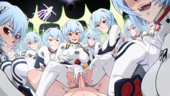 1boy 6+girls absurdres ass asymmetrical_docking ayanami_rei blue_hair breast_press breasts clone clone_harem clothed_female_nude_male clothed_sex crazy crazy_eyes crazy_smile girl_on_top groping groping_breast happy happy_sex harem highres interface_headset_(evangelion) large_breasts lilith_(ayanami_rei) looking_at_viewer lustful_expression male_worship mecha_pilot_suit multiple_girls neon_genesis_evangelion nude open_mouth pilot_uniform plugsuit_(evangelion) pov red_eyes rubbing_ass rubbing_crotch sex short_hair smile smirk smug spanking torn_clothes torn_plugsuit vaginal