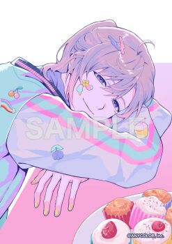 1boy ahoge aqua_jacket arm_on_table blue_eyes brown_hair cherry closed_mouth copyright_notice cupcake food from_side fruit grey_shirt hair_between_eyes hair_ornament hairclip head_on_arm jacket kanae_(nijisanji) letterman_jacket long_sleeves looking_at_viewer looking_to_the_side male_focus mole mole_under_eye muffin nail_polish nijisanji official_art pastel_colors plate ponytail sample_watermark shirt short_ponytail simple_background smile solo sprinkles sriokorr sticker sticker_on_clothes sticker_on_face strawberry turtleneck turtleneck_shirt upper_body virtual_youtuber watermark white_background white_sleeves yellow_nails