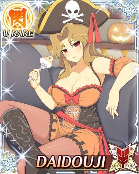 1girl blonde_hair boots border breasts cake card_(medium) character_name cleavage closed_mouth couch crossed_legs daidouji_(senran_kagura) dress food fork game_cg halloween_costume hat high_heel_boots high_heels holding holding_fork jack-o'-lantern large_breasts long_hair looking_at_viewer mole mole_under_eye official_art on_couch orange_dress pantyhose parted_bangs pirate_hat red_eyes red_pantyhose senran_kagura senran_kagura_new_wave skull_and_crossbones solo wavy_hair
