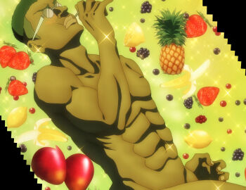 1boy abs anime_screenshot banana berry black_hair blush closed_mouth completely_nude dark-skinned_male dark_skin dutch_angle eating food foodgasm fruit glasses green_background highres historie_(shokugeki_no_souma) lemon lemon_slice male_focus muscular muscular_male nude pineapple round_eyewear shokugeki_no_souma solo sparkle stitched strawberry third-party_edit upper_body