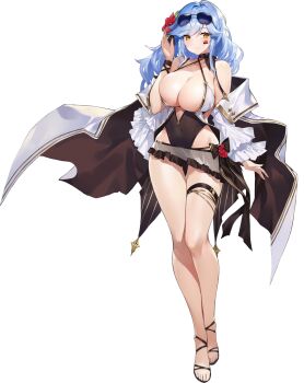 1girl aqua_eyebrows aqua_hair artist_request bare_legs bare_shoulders belt belt_buckle bikini black_belt black_bikini black_choker black_straps blue-tinted_eyewear bow bow_bikini breasts buckle choker cleavage closed_mouth coat collarbone covered_navel cross-laced_armwear cross-laced_straps eloise_(final_gear) final_gear flower full_body gold_buckle hair_between_eyes hair_flower hair_ornament hair_ribbon hibiscus highres large_breasts light_blush long_hair looking_to_the_side multicolored_bikini official_art red_flower ribbon ribbon_choker see-through_bikini see-through_clothes shoe_strap simple_background smile solo spaghetti_strap swept_bangs swimsuit tachi-e thigh_belt thigh_strap third-party_source tinted_eyewear transparent_background two-tone_bikini white_bikini white_coat white_sleeves yellow_eyes