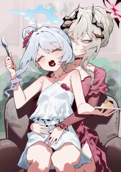 2girls :> ^_^ absurdres armpits black_choker blue_archive cherino_(blue_archive) cherino_(dress)_(blue_archive) choker closed_eyes collarbone commentary_request demon_horns dress eating food food_on_face grey_hair hair_bun halo heart heart_in_mouth highres holding holding_spoon horns hug hug_from_behind indoors its2h35 korean_commentary looking_at_another makoto_(blue_archive) makoto_(red_dress)_(blue_archive) multiple_girls multiple_horns official_alternate_costume pink_dress single_hair_bun sitting sitting_on_person sleeveless sleeveless_dress spoon teeth upper_teeth_only white_dress