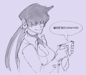 1girl 1shermieaday breasts cleavage cleavage_cutout clothing_cutout earrings female_focus bad_tag game_boy handheld_game_console hands_up heart holding jacket jewelry large_breasts long_hair ponytail shermie_(kof) smile the_king_of_fighters twintails