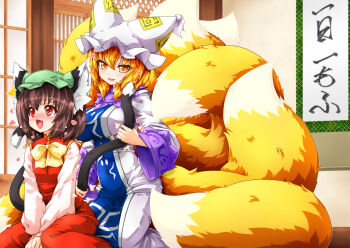 2girls animal_ears between_legs blonde_hair blue_tabard blush bow bowtie breasts brown_eyes brown_hair cat_ears cat_tail chen commentary_request dress fluffy fox_tail full-face_blush green_hat hand_between_legs hat heart highres indoors kazami_karasu long_sleeves mob_cap multiple_girls multiple_tails shouji sitting sliding_doors tabard tail tail_grab touhou two_tails white_hat wide_sleeves yakumo_ran yellow_bow yellow_eyes