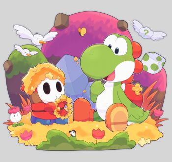 1boy blue_boots boots brown_boots colored_skin egg_block_(yoshi's_island) egg_plant_(yoshi's_island) flower goonie green_skin grey_background highres looking_at_another mario_(series) mofupoyo nintendo open_mouth petal_guy red_flower red_robe robe shy_guy simple_background sitting white_mask winged_cloud_(yoshi's_island) yoshi yoshi's_new_island