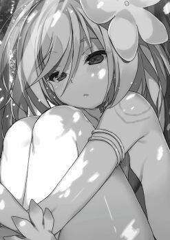 1girl :&lt; airis_(buta_koushaku) bare_shoulders bob_cut breast_press breasts buta_koushaku closed_mouth flower forest greyscale hair_flower hair_ornament half-closed_eyes hugging_own_legs leotard lips monochrome nature nauribon novel_illustration official_art outdoors short_hair sitting solo thighs third-party_source tree