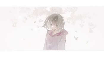 1girl artist_request black_hair bob_cut commission expressionless falling_petals han_sooyoung highres hood hood_down hoodie letterboxed looking_at_viewer omniscient_reader&#039;s_viewpoint pastel_colors petals purple_hoodie second-party_source short_hair solo tree upper_body