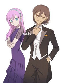 Rule 34 | 1boy, 1girl, adjusting clothes, alternate costume, alternate eye color, artist name, aubrey (faraway) (omori), aubrey (omori), black pants, blue eyes, blue hairband, breasts, bright pupils, brown eyes, brown hair, closed mouth, commentary request, dark-skinned male, dark skin, double-parted bangs, dress, earrings, hair between eyes, hairband, hand in pocket, highres, jewelry, kel (faraway) (omori), kel (omori), long hair, long sleeves, looking at viewer, me4tc, omori, open mouth, pants, pink hair, purple dress, short hair, short sleeves, sidelocks, simple background, small breasts, sweatdrop, tuxedo, twitter username, white background, white pupils