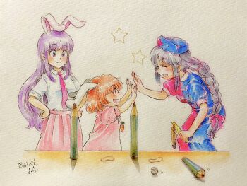 Rule 34 | 3girls, :o, animal ears, blue dress, blue hat, blush, braid, braided ponytail, breasts, brown hair, carrot necklace, chibi, closed eyes, constellation print, cross, dress, floppy ears, grey hair, hat, high five, highres, inaba tewi, jewelry, knocked over, long hair, multiple girls, necklace, necktie, nurse cap, open mouth, pencil, pink dress, pink skirt, playing, purple eyes, purple hair, q-bee (aaru), rabbit ears, red cross, red dress, red eyes, red necktie, red ribbon, reisen udongein inaba, ribbon, rock, rubber band, shirt, short hair, skirt, slingshot (weapon), smile, star (symbol), surprised, table, touhou, traditional media, two-tone dress, white background, white shirt, yagokoro eirin