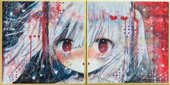 1girl absurdres blush crying crying_with_eyes_open floating_hair heart highres kaikanaaaaa nose_blush open_mouth original red_eyes solo split_screen split_theme tears twintails white_hair