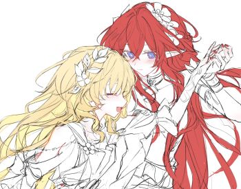 2girls :d ^_^ aglaea_(honkai:_star_rail) alternate_hair_length alternate_hairstyle blonde_hair blue_eyes blush bright_pupils chinese_commentary closed_eyes closed_mouth commentary_request cross-shaped_pupils crossed_bangs dancing double-parted_bangs fingernails flower bad_tag hair_flower hair_ornament hand_on_another's_waist happy hereactivate highres holding_hands honkai:_star_rail honkai_(series) laurel_crown limited_palette long_hair looking_at_another multiple_girls nail_polish open_mouth pointy_ears profile red_hair red_nails simple_background sketch smile symbol-shaped_pupils tribios_(honkai:_star_rail) white_background white_pupils