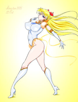 1girl aino_minako bishoujo_senshi_sailor_moon blonde_hair blue_eyes boots bow breasts earrings gloves high_heels highres jewelry large_breasts leotard long_hair looking_at_viewer marubayashi_shumaru red_bow sailor_venus super_sailor_venus_(stars) very_long_hair