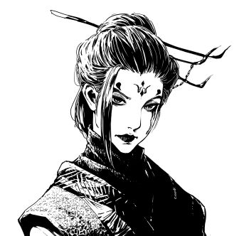 Rule 34 | 1girl, asymmetrical bangs, black hair, black lips, black myth: wukong, chinese clothes, cirenk, commentary, english commentary, facial tattoo, fourth sister (black myth: wukong), greyscale, hair bun, hair ornament, highres, looking at viewer, makeup, monochrome, runny makeup, scarf, sketch, solo, tattoo, white background