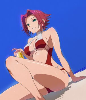1girl alternate_eye_color bare_shoulders blue_background breasts can cleavage cleavage_cutout clothing_cutout code_geass collarbone female_focus green_eyes highres holding holding_can kouzuki_kallen medium_breasts medium_hair parted_bangs puge red_hair shiny_skin simple_background sitting swimsuit teeth wet
