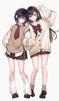 2girls :d black_hair black_shoes blue_hair bow bowtie brown_cardigan brown_eyes brown_skirt brown_socks brown_sweater_vest buttons cardigan closed_mouth collared_shirt commentary_request diagonal-striped_bow diagonal-striped_bowtie diagonal-striped_clothes diagonal-striped_necktie full_body gyaru hair_ornament hairclip hand_in_pocket heads_together heart heart_hair_ornament highres kogal leg_warmers loafers locked_arms long_sleeves looking_at_viewer loose_socks miniskirt multiple_girls necktie open_mouth original plaid_clothes plaid_skirt pleated_skirt red_bow red_bowtie red_necktie school_uniform shiraishi_haruhi_(yugaa) shiraishi_reina_(yugaa) shirt shoes short_hair siblings simple_background sisters skirt sleeves_past_wrists smile socks standing striped_bow striped_bowtie striped_clothes sweater_vest white_background white_leg_warmers white_shirt wing_collar yugaa