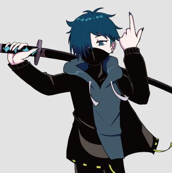 Rule 34 | 1boy, artist request, bad id, bad pixiv id, black jacket, blue hair, blue hoodie, blue nails, cowboy shot, crazy raccoon, earrings, eyelashes, fingernails, grey background, highres, holding, holding behind back, holding sword, holding sword behind back, holding weapon, holding weapon behind back, hood, hood down, hoodie, index finger raised, jacket, jewelry, long sleeves, male focus, mask, mouth mask, nail polish, open clothes, open jacket, sheath, sheathed, short hair, simple background, solo, sword, undercut, vanilla (crazy raccoon), weapon