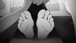 2girls animated bags_under_eyes barefoot between_breasts breasts cleavage collar_tug computer_keyboard computer_mouse creepy desk downblouse feet female_pov film_grain fingernails foot_focus ghost grabbing_another&#039;s_breast greyscale groping head_between_breasts horror_(theme) kusujinn looking_at_viewer looking_down medium_breasts monochrome multiple_girls original pov sitting soles sound tickling tickling_breasts toe_scrunch toes under_covers video yuri