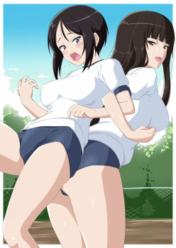 Rule 34 | 2girls, ass, ass-to-ass, black hair, blue buruma, blue eyes, blush, breasts, brown eyes, buruma, chouno ami, girls und panzer, gym uniform, large breasts, long hair, multiple girls, nishizumi shiho, open mouth, outdoors, shichimenchou, short hair, smile, yuri