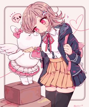 1girl black_shirt blush bow box carton closed_eyes collared_shirt cowboy_shot danganronpa_(series) danganronpa_2:_goodbye_despair dress_shirt ear_bow flipped_hair frilled_skirt frills hair_ornament hairclip heart highres hood hooded_jacket jacket layered_skirt light_brown_hair looking_at_another medium_hair nanami_chiaki neck_ribbon on_box open_clothes open_jacket osshouri55 pink_bow pink_eyes pink_ribbon pleated_skirt purple_jacket ribbon shirt shirt_tucked_in simple_background skirt standing thighhighs translation_request usami_(danganronpa) white_background white_shirt wings zettai_ryouiki