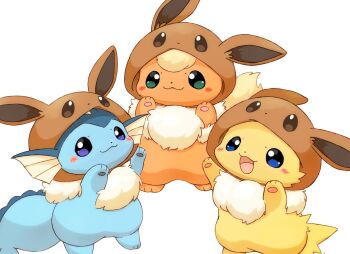 :3 :d blue_eyes blush_stickers closed_mouth commentary_request cosplay eevee eevee_(cosplay) flareon gen_1_pokemon green_eyes hands_up highres jolteon mimix nintendo no_humans open_mouth pokemon pokemon_(creature) pokemon_focus purple_eyes simple_background smile standing vaporeon white_background