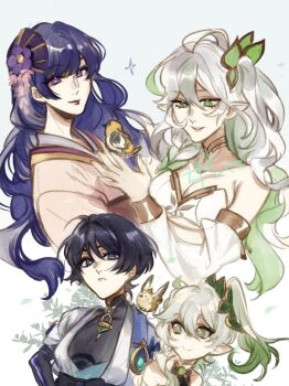 Rule 34 | 1boy, 3girls, ahoge, animal, animal on shoulder, aqua gem, aqua kimono, araimin, armlet, aunt and nephew, bare shoulders, bird, bird on hand, bird on shoulder, black bodysuit, black bow, black hair, blue cape, blunt bangs, blunt ends, body markings, bodysuit, bow, bracelet, braid, breasts, bridal gauntlets, bright pupils, cape, cherry blossoms, cleavage, closed mouth, collarbone, covered collarbone, cross-shaped pupils, detached sleeves, dress, fan hair ornament, finch, fingernails, flower, gem, genshin impact, glowing markings, gold, gold trim, gradient hair, green eyes, green gem, green hair, grey sleeves, hair between eyes, hair flower, hair intakes, hair ornament, hair over shoulder, half crown braid, han'eri, highres, japanese clothes, jewelry, kimono, layered sleeves, long hair, looking at another, looking at viewer, looking down, looking to the side, makoto (genshin impact), mandarin collar, multicolored hair, multiple girls, nahida (genshin impact), neck ring, open clothes, open hand, open kimono, parted bangs, parted lips, pink kimono, pink sleeves, pointy ears, purple eyes, purple flower, purple hair, purple trim, red lips, rukkhadevata (genshin impact), scaramouche (genshin impact), short sleeves, shoulder peek, side-by-side, side braid, side ponytail, sidelocks, single braid, smile, strapless, strapless dress, streaked hair, symbol-shaped pupils, vision (genshin impact), wanderer (genshin impact), wavy hair, white background, white dress, white hair, white kimono, white mouth, white pupils, white sleeves