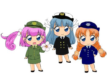 Rule 34 | 3girls, aqua shirt, black jacket, black necktie, blue jacket, blue necktie, blue shirt, blue skirt, green jacket, green necktie, green shirt, green skirt, jacket, japan air self-defense force, japan ground self-defense force, japan maritime self-defense force, japan self-defense force, multiple girls, necktie, pencil skirt, shirt, skirt, white shirt, yellow shirt