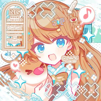 >_< 1girl :d animal ayatori_nanoki bird blue_eyes blush brown_hair commentary commission dot_nose hair_intakes heart highres holding holding_animal holding_bird indie_virtual_youtuber long_hair long_sleeves looking_at_viewer musical_note open_mouth portrait shirocha_tei shirt skeb_commission smile solo sparkle spoken_heart spoken_musical_note twitter_username virtual_youtuber watermark white_shirt