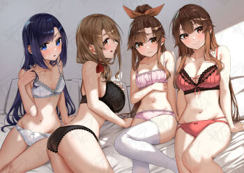 4girls :q akitsu_maya black_bra black_panties blue_eyes blush bra breasts brown_eyes brown_hair brown_ribbon closed_mouth collarbone commentary_request fuyushima_enishi hair_ribbon hand_on_own_stomach harumachi_hashira highres lace lace-trimmed_bra lace_trim large_breasts long_hair looking_at_viewer multiple_girls natsuno_hiyori navel open_mouth panties parted_lips red_bra red_panties ribbon sahara386 sex_and_dungeon sitting small_breasts thighhighs tongue tongue_out underwear underwear_only watermark watermark_grid white_bra white_panties white_thighhighs