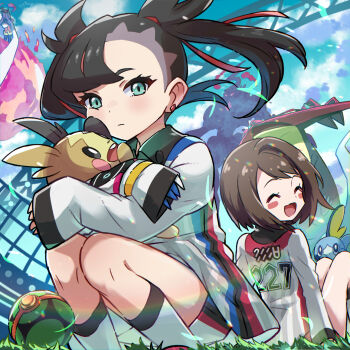 2girls :d asymmetrical_bangs black_hair blush blush_stickers bob_cut brown_hair cinderace closed_eyes closed_mouth cloud collared_shirt commentary_request day dragapult dusk_ball dynamax earrings eyelashes fire floating_hair from_below gen_8_pokemon gigantamax gigantamax_cinderace gigantamax_grimmsnarl gloria_(pokemon) gloves grass green_eyes grimmsnarl gym_challenge_uniform hair_ribbon jewelry kingin knees long_sleeves looking_at_viewer marnie_(pokemon) morpeko morpeko_(full) multiple_girls nintendo open_mouth poke_ball pokemon pokemon_(creature) pokemon_swsh red_ribbon ribbon shirt short_hair shorts single_glove sky sleeves_past_wrists smile sobble socks squatting tongue |d