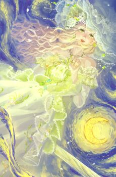 1girl absurdres bare_shoulders bead_necklace beads brown_hair chinese_commentary collarbone commentary_request cowboy_shot crescent_moon dress dutch_angle earrings floating_hair floral_print flower flower_earrings frilled_headwear green_dress green_eyes green_flower green_hat green_nails hair_flower hair_ornament hat hat_flower highres holding holding_lantern impasto infinity_nikki jewelry lace lace-trimmed_dress lace_trim lantern layered_sleeves light_blush light_particles lipstick long_dress long_hair long_sleeves looking_at_viewer low_twintails makeup moon nail_polish necklace night night_sky nikki_(series) off-shoulder_dress off_shoulder open_mouth outdoors pleated_dress print_dress rainfall_&amp;_blossoms_(infinity_nikki) red_lips short_over_long_sleeves short_sleeves sidelocks sky smile solo standing teeth twintails upper_teeth_only very_long_hair wavy_hair white_flower white_sleeves wind witch witch_hat zibuyugu