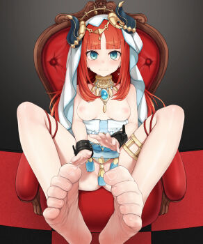 1girl aqua_eyes barefoot bdsm black_horns blue_skirt blunt_bangs blush bondage bondage_cuffs bound bound_legs bound_wrists breasts breasts_out brooch chair closed_mouth commission convenient_censoring cuffs embarrassed eyelashes feet female_focus foot_focus foot_pussy genshin_impact gold_thighlet grey_background highres horns jewelry long_hair looking_at_viewer maa_(maa1) medium_breasts nilou_(genshin_impact) nipples no_bra no_panties on_chair parted_bangs pixiv_commission red_hair sidelocks simple_background sitting skirt soles solo tears thighlet toe_scrunch toenails toes variant_set veil very_long_hair wrist_cuffs