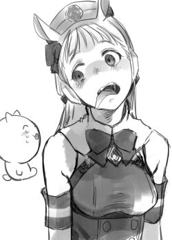 1girl animal_ears bow bowtie breasts gold_ship_(umamusume) greyscale haguhagu_(rinjuu_circus) hat head_tilt highres horse_ears long_hair making_faces medium_breasts monochrome simple_background solo tongue tongue_out umamusume white_background wide-eyed