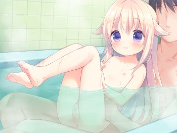 1boy 1girl :3 barefoot bath bathtub blonde_hair blue_eyes blush censored closed_mouth faceless faceless_male flat_chest game_cg hetero loli long_hair mixed-sex_bathing mosaic_censoring nipple_stimulation nipple_tweak nipples non-web_source nude pussy shared_bathing smile suzuka_(yubikiri_konyaku_roriita) usashiro_mani variant_set water yubikiri_konyaku_roriita