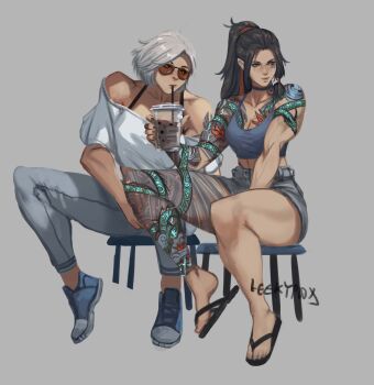 2girls agent_bush_(emily_galani)_(leekypooart) arm_tattoo artist_name bare_arms bare_legs bare_shoulders black_hair black_sandals blue_eyes blue_tank_top breasts brown-tinted_eyewear bubble_tea chest_tattoo cleavage commentary crop_top cup disposable_cup dragon_tattoo drinking drinking_straw english_commentary feeding flip-flops full_body glasses grey_background grey_hair grey_pants grey_shorts highres holding holding_cup leekypooart leg_tattoo long_hair medium_breasts midriff_peek multiple_girls off-shoulder_shirt off_shoulder on_stool original orochi_(leekypooart) pants parted_bangs ponytail sandals shirt shoes short_hair short_shorts shorts shoulder_tattoo simple_background sitting sneakers stool tank_top tattoo tinted_eyewear white_shirt