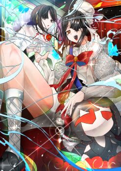 2girls absurdres black_hair breasts brown_eyes cleavage commentary_request fate/grand_order fate_(series) hair_over_one_eye highres kitsunebi44410 lady_yu_doll long_sleeves looking_at_viewer medium_breasts mole mole_under_eye multiple_girls open_mouth short_hair small_breasts smile xu_fu_(fate) yu_mei-ren_(fate)