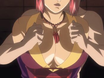 00s 1boy 1girl 2007 animated animated_gif assisted_exposure bare_shoulders bead_necklace beads bible_black bible_black_new_testament bouncing_breasts breasts cleavage detached_sleeves grabbing_another&#039;s_breast groping hetero huge_breasts jewelry large_breasts lipstick long_sleeves makeup mature_female monk necklace night nipples red_hair revealing_clothes sash shin_bible_black short_hair tagme takashiro_hiroko topless_female undressing upper_body