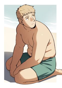 1boy bara beach blonde_hair commentary dungeon_meshi fat_rolls full_body highres kneeling laios_touden looking_back male_focus male_swimwear nifast_(greentail) pectorals plump sand short_hair solo sunlight swim_trunks