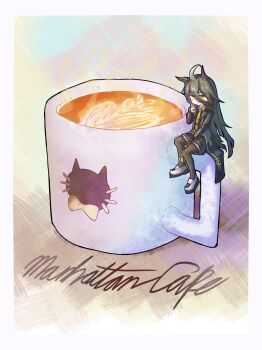 1girl absurdres ahoge animal_ears animal_print black_coat black_gloves black_hair black_shirt black_skirt brown_pantyhose cat_print character_name coat coffee coffee_mug contrast_collar cowboy_shot cup ear_ornament ear_tag earrings frilled_skirt frills gloves hair_between_eyes hand_between_thighs hand_up highres holding holding_cup horse_ears horse_girl horse_tail jewelry latte_art long_bangs long_hair long_hair_between_eyes long_sleeves manhattan_cafe_(umamusume) mini_person minigirl mug multicolored_hair necktie open_clothes open_coat pantyhose pleated_skirt rin&#039;s_tea shirt shoes single_earring sitting skirt solo steam tail umamusume very_long_hair white_hair white_shoes yellow_eyes yellow_necktie