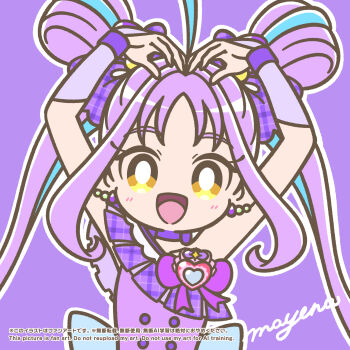 1girl :d ahoge arms_up artist_name back_bow blue_bow blue_hair blue_streaks bow bow_choker bright_pupils brooch buttons chest_bow choker collarbone commentary cure_kyunkyun double-breasted double_bun dress dress_bow earrings hair_bow hair_bun hair_intakes heart heart_arms heart_brooch highres idol idol_heart_brooch_(precure) jewelry kimi_to_idol_precure long_hair looking_at_viewer magical_girl mayena multicolored_hair no_nose off-shoulder_dress off_shoulder open_mouth outline precure purple_background purple_bow purple_choker purple_dress purple_hair purple_theme purple_thighhighs purple_wrist_cuffs shigure_kokoro signature single_bare_shoulder sleeveless sleeveless_dress smile solo split_mouth streaked_hair teardrop_earrings thighhighs twintails two-tone_hair upper_body very_long_hair white_outline white_pupils wrist_cuffs yellow_eyes